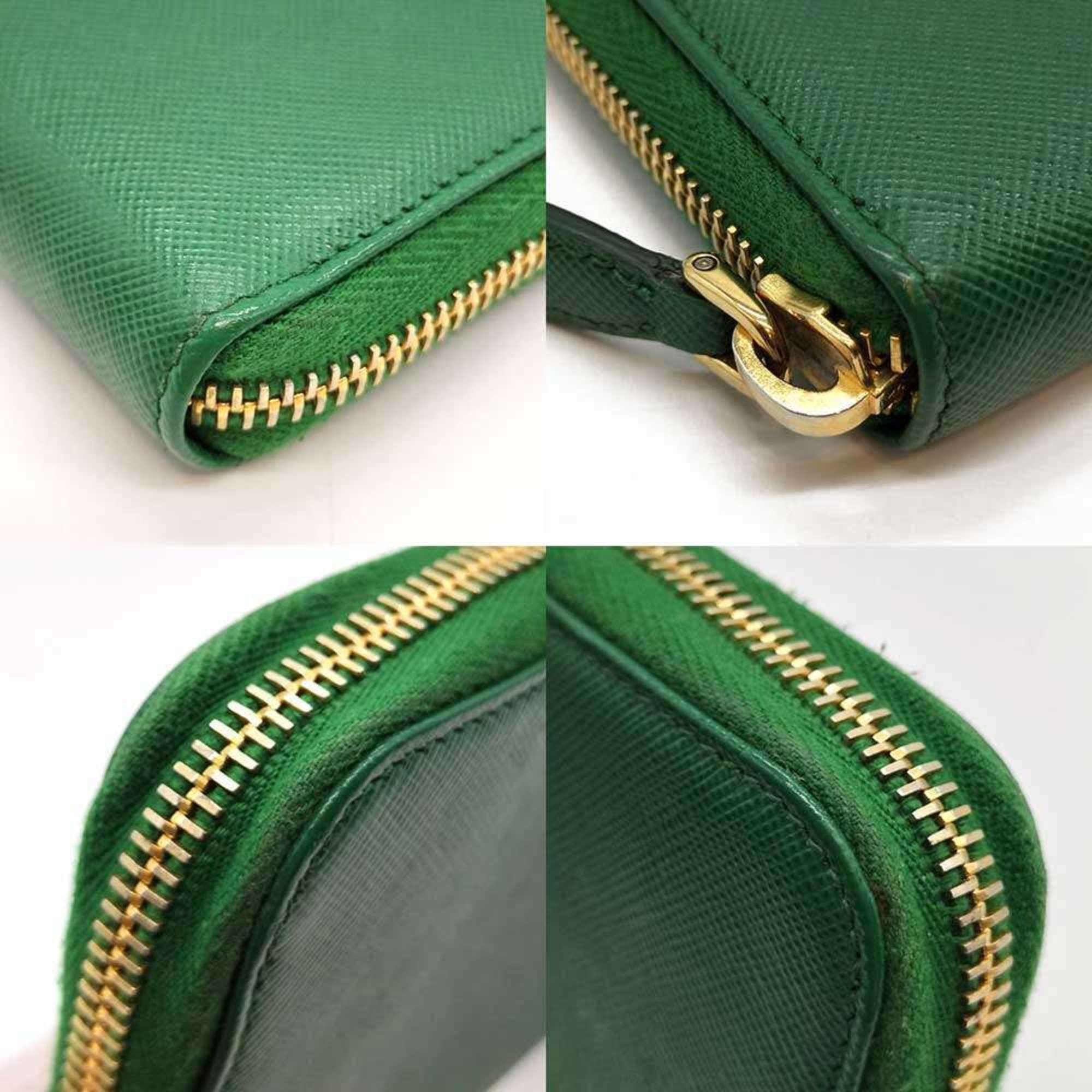 Prada round long wallet in green Saffiano leather.