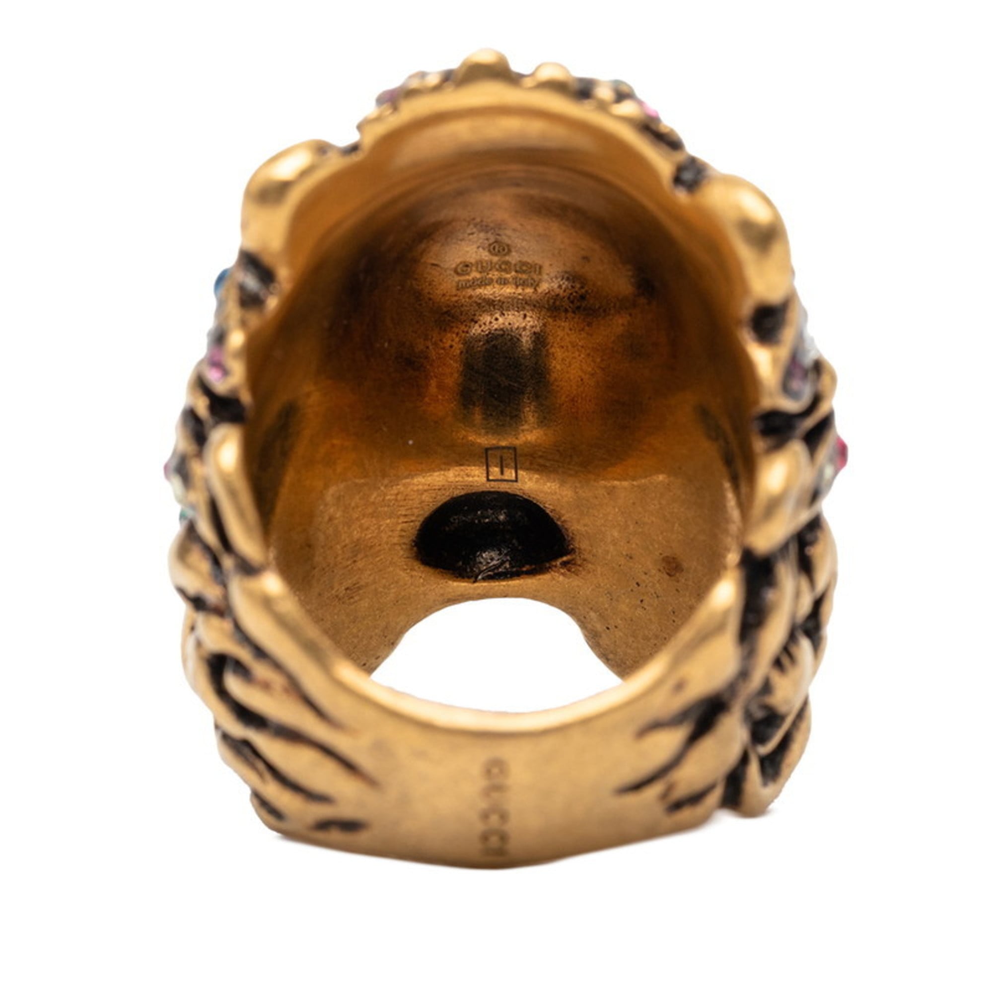 Gucci Tiger Head Ring, #13 Gold with Multicolor Plated Rhinestones, Women's, GUCCI