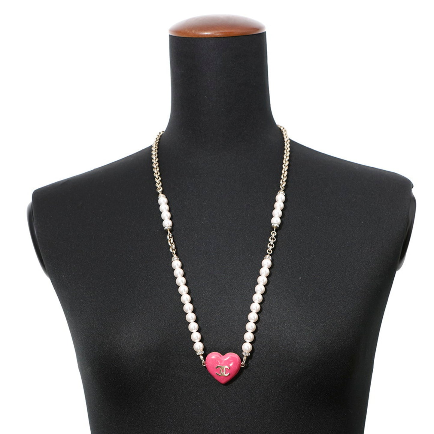 Chanel Coco Mark Heart Motif Rhinestone Faux Pearl Necklace C23P CHANEL