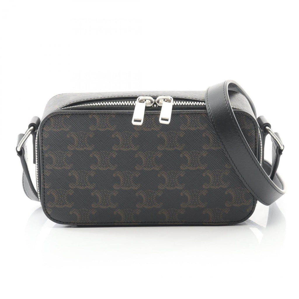 Celine Triomphe shoulder bag in coated canvas and leather, men's, black brown, 114902EVJ