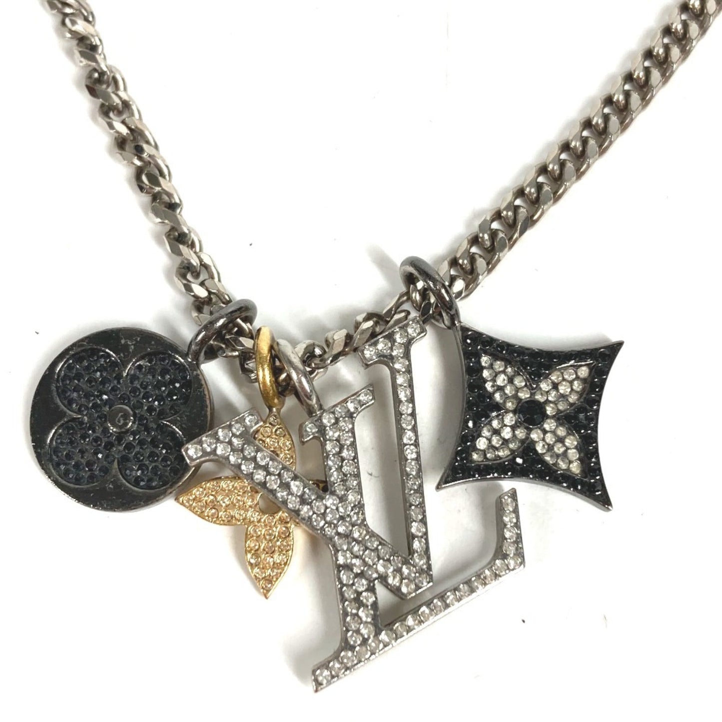 LOUIS VUITTON M00522 LV Instinct Strass Chain Necklace, Rhinestone Metal, Silver, Men's and Women's
