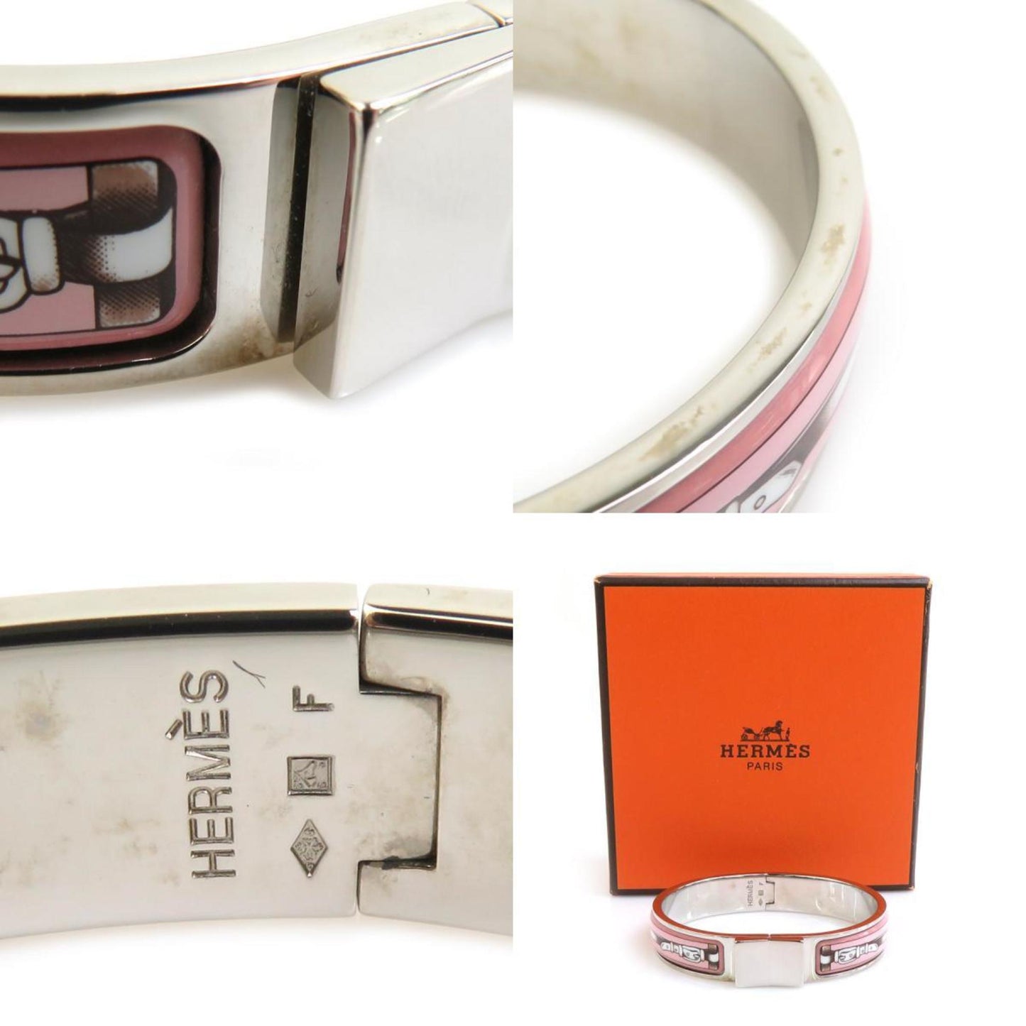 Hermes Hermès Click-Clack Metal Enamel Bangle Bracelet in Silver, Pink, and White for Women (e60864a)