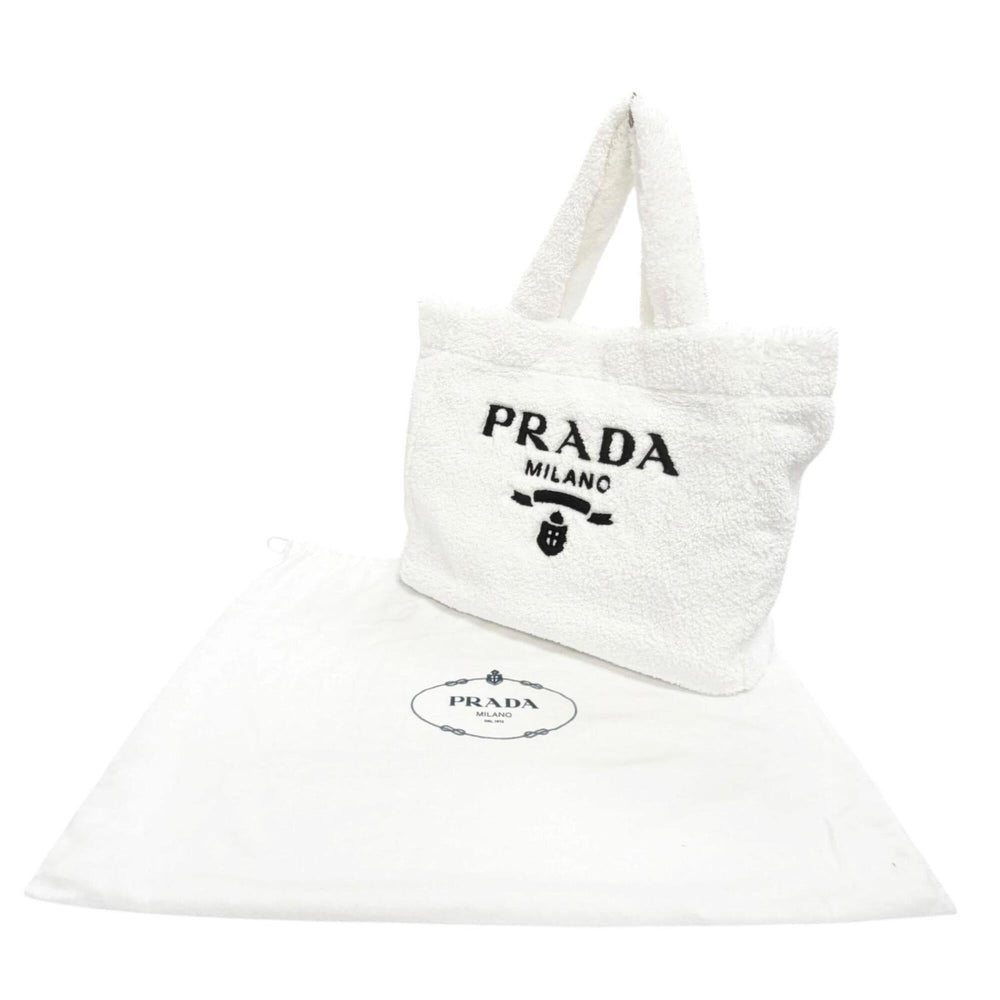 PRADA 1BG130 Terry Tote Bag, Triangle Logo, Large White/Black, Made in Italy, Women's, with Dust Bag — Like New