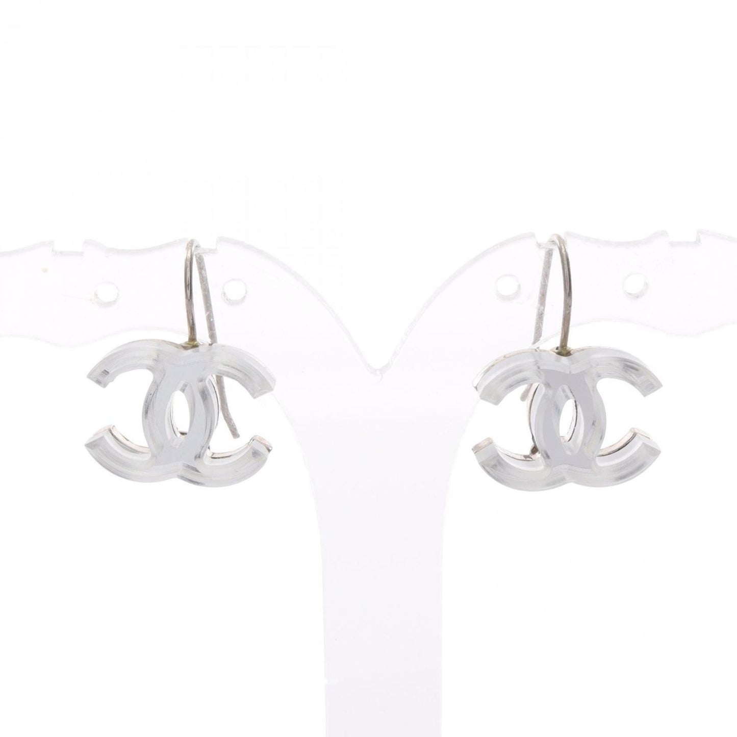 Chanel Coco Mark earrings, stainless steel and plastic, available in clear silver.
