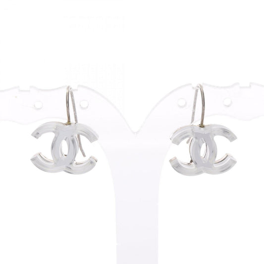 Chanel Coco Mark earrings, stainless steel and plastic, available in clear silver.
