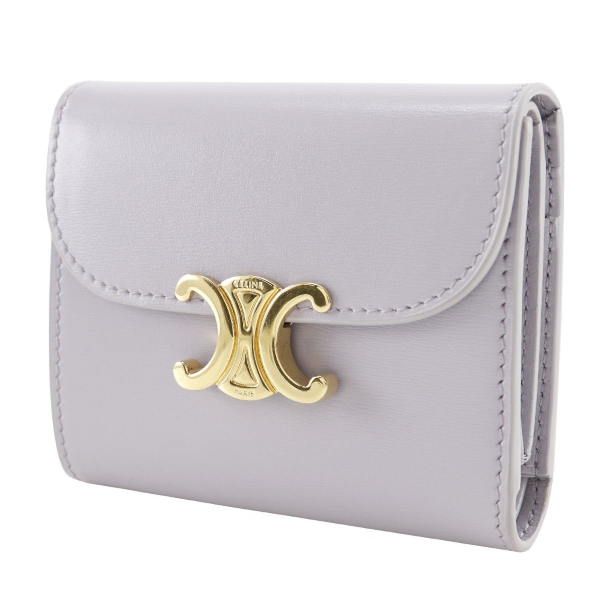 Celine Triomphe Tri-fold Wallet, Small Flap Compact Leather, Purple, Snap Button, Triomphe, Women's