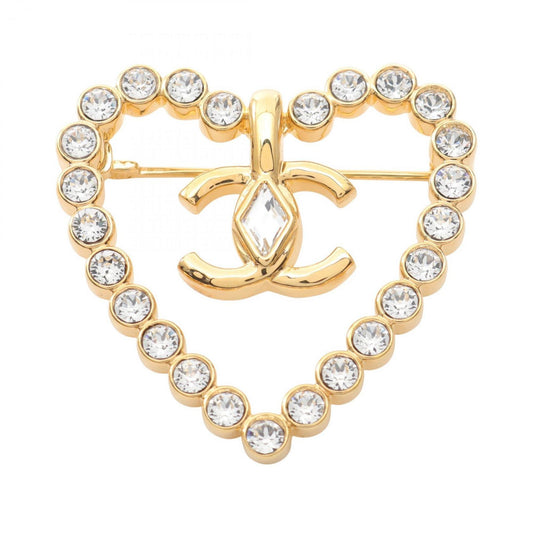 CHANEL Coco Mark Heart Brooch Accessory, GP (Gold Plated) with Rhinestones, Women's, Gold and Clear