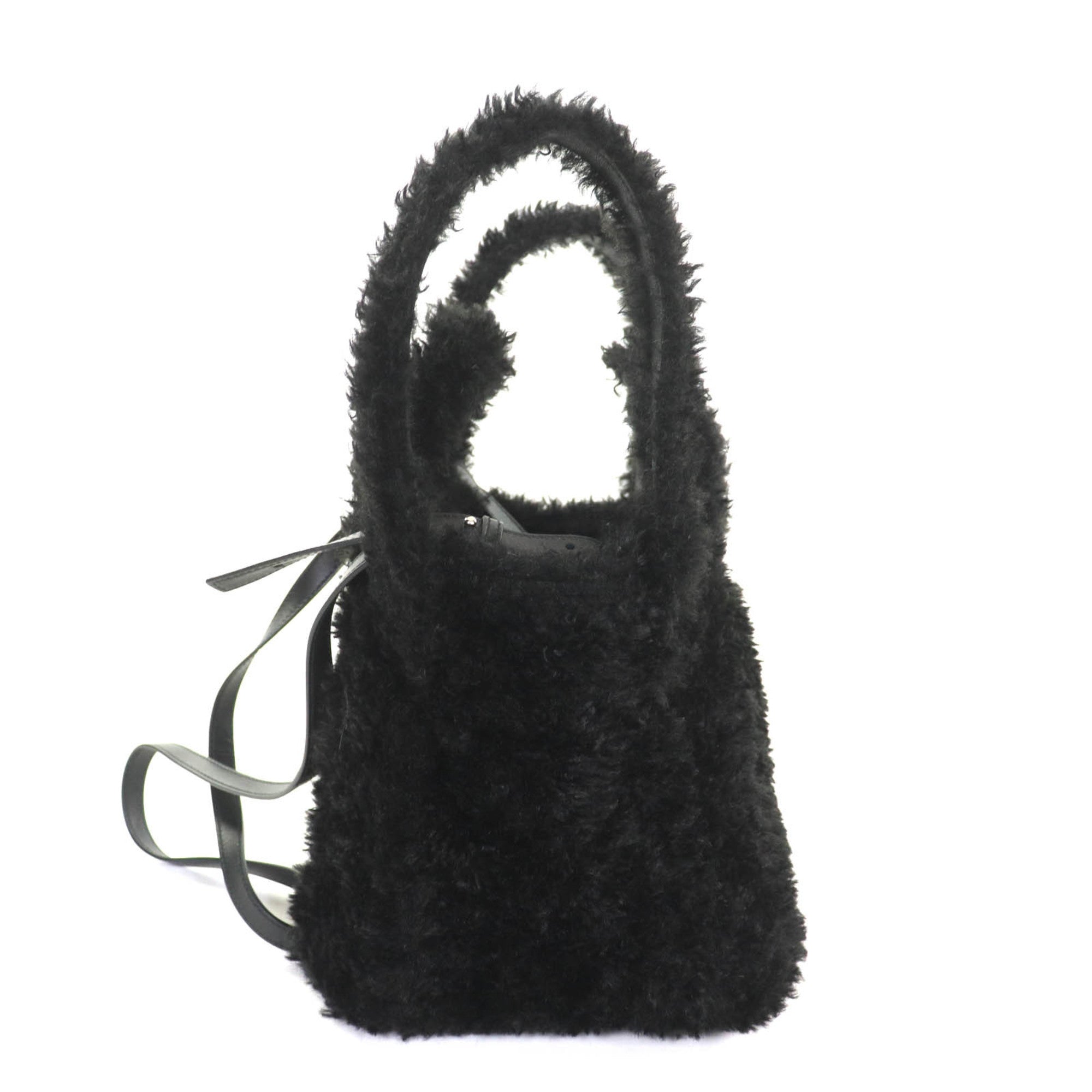 BALENCIAGA Everyday 2.0 XS (672793) Logo Embroidered F-Fur Shoulder Tote Bag, Black, Includes Dust Made in Italy — Like New
