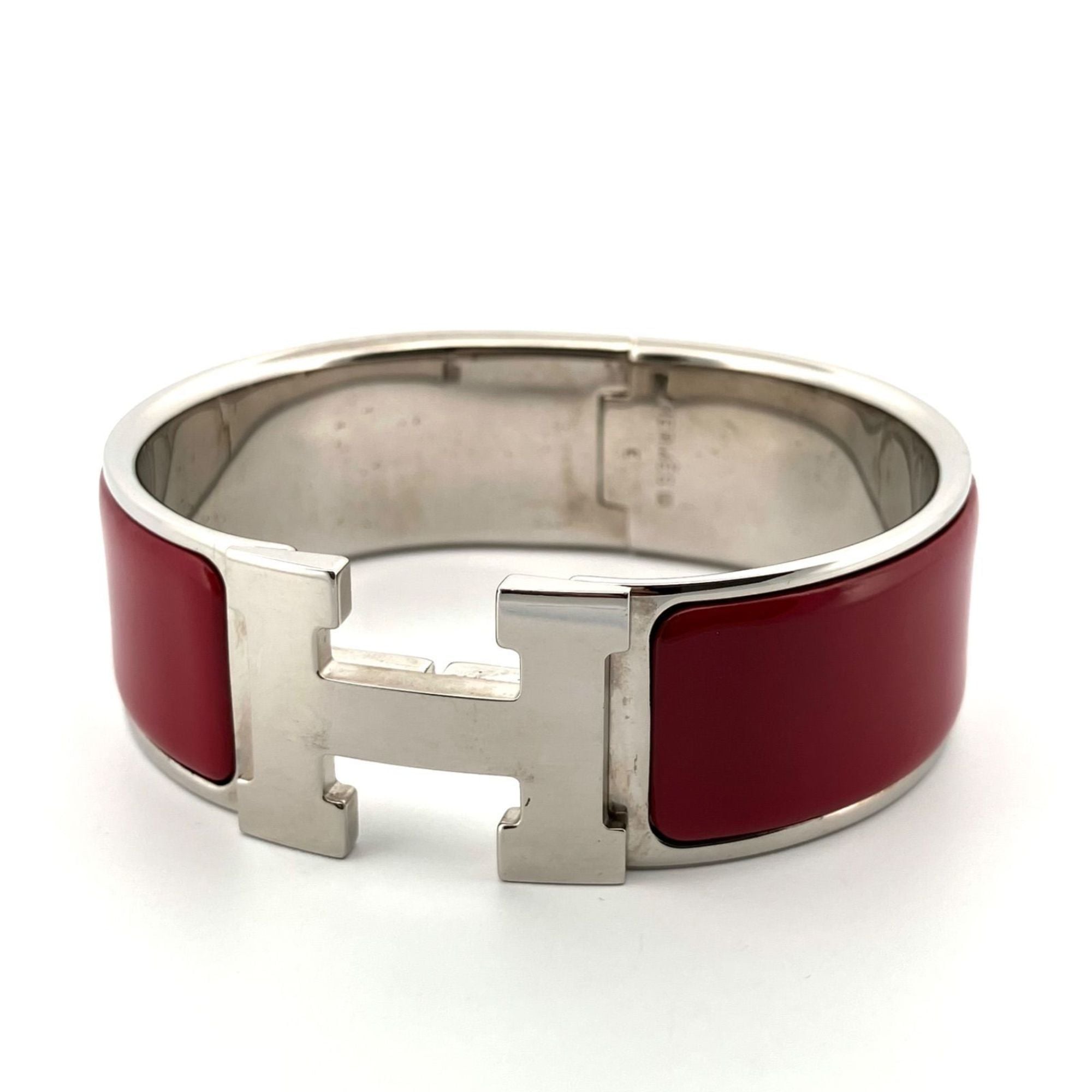 Hermes Hermès Click Clack GM Bangle, Red Enamel, Silver Hardware, Bracelet