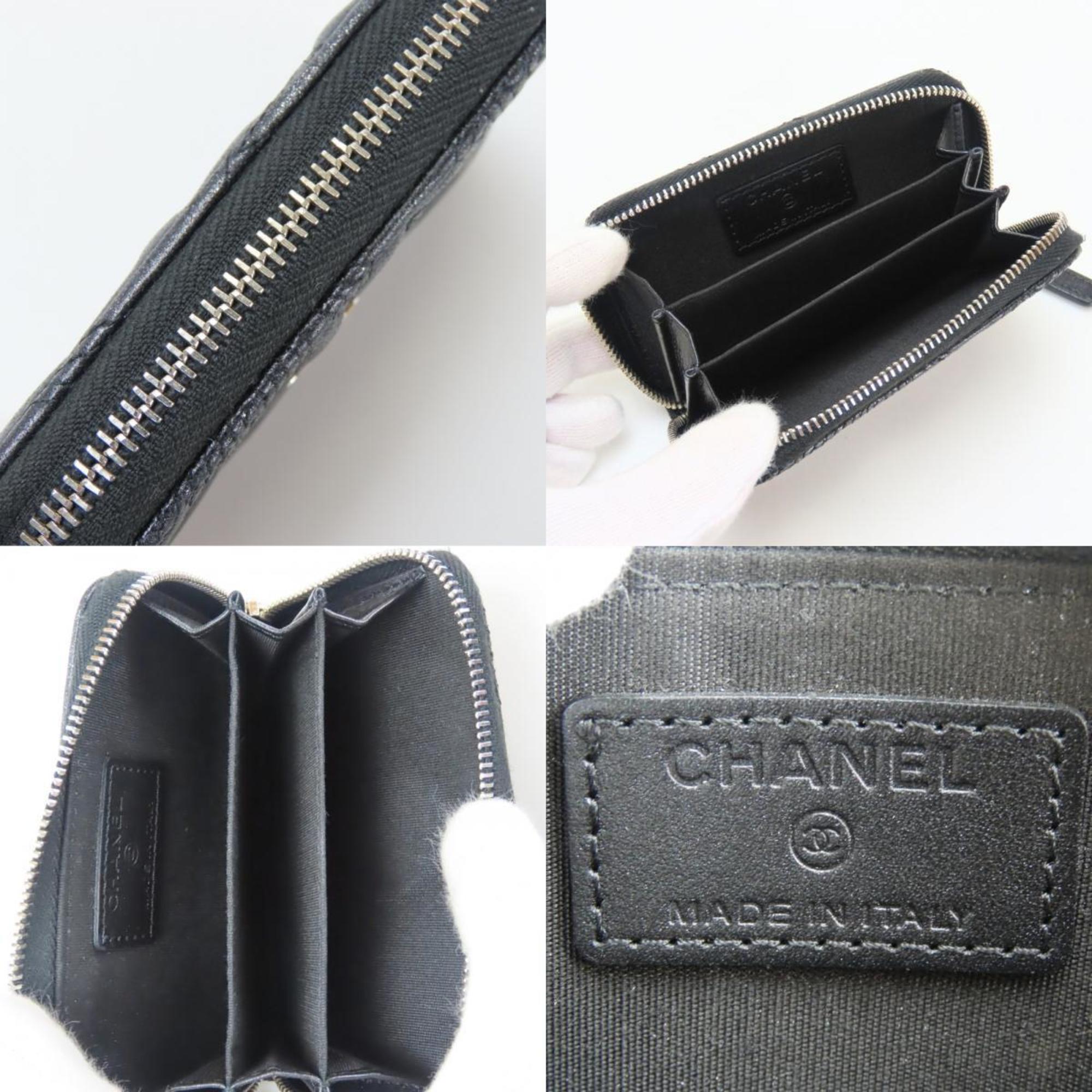 CHANEL Wallet/Coin Case, Star Embossed Coco Mark, Metallic Lambskin, Black, Round Zip, Women's