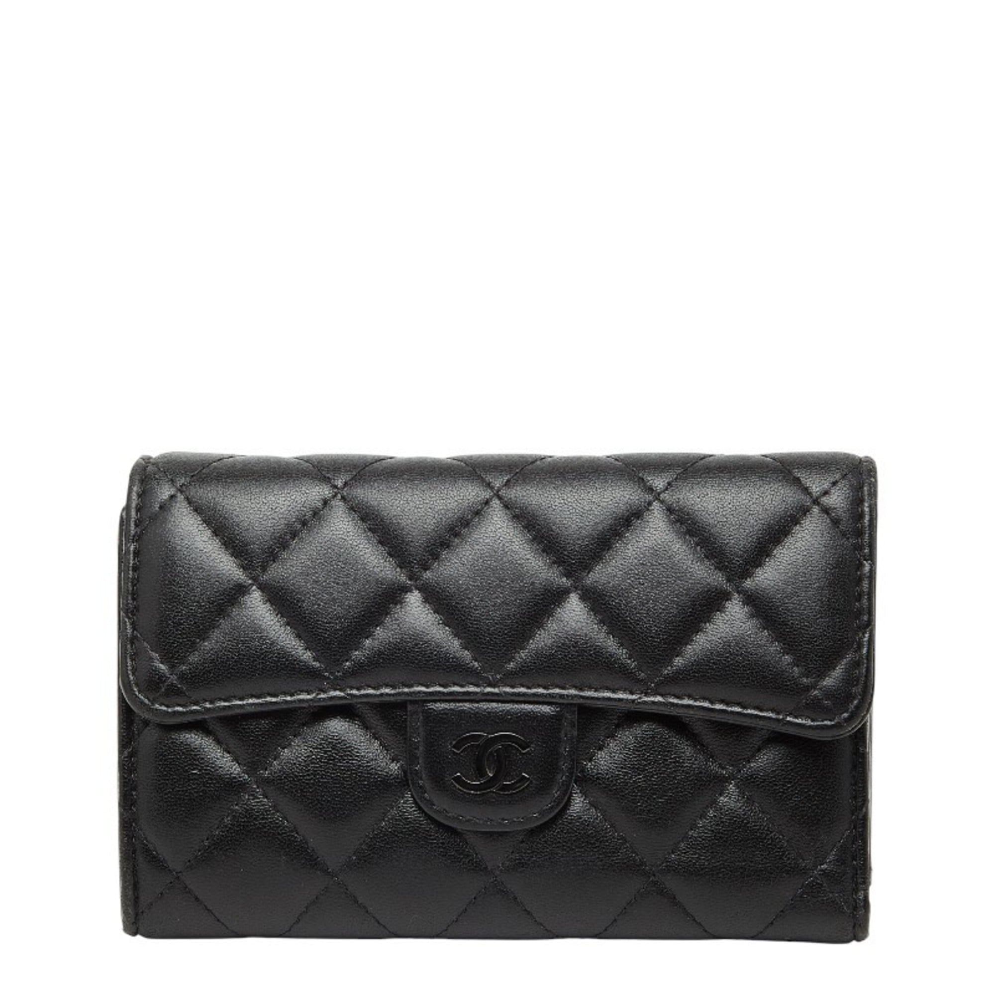 CHANEL Coco Mark Matelasse Tri-fold Wallet in Black Lambskin for Women