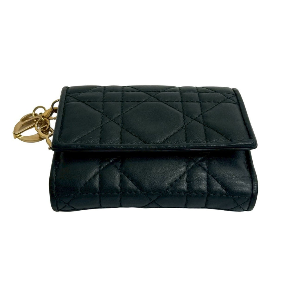 Christian Dior Cannage Stitch Logo Leather Tri-fold Wallet, Mini, Black, 13140