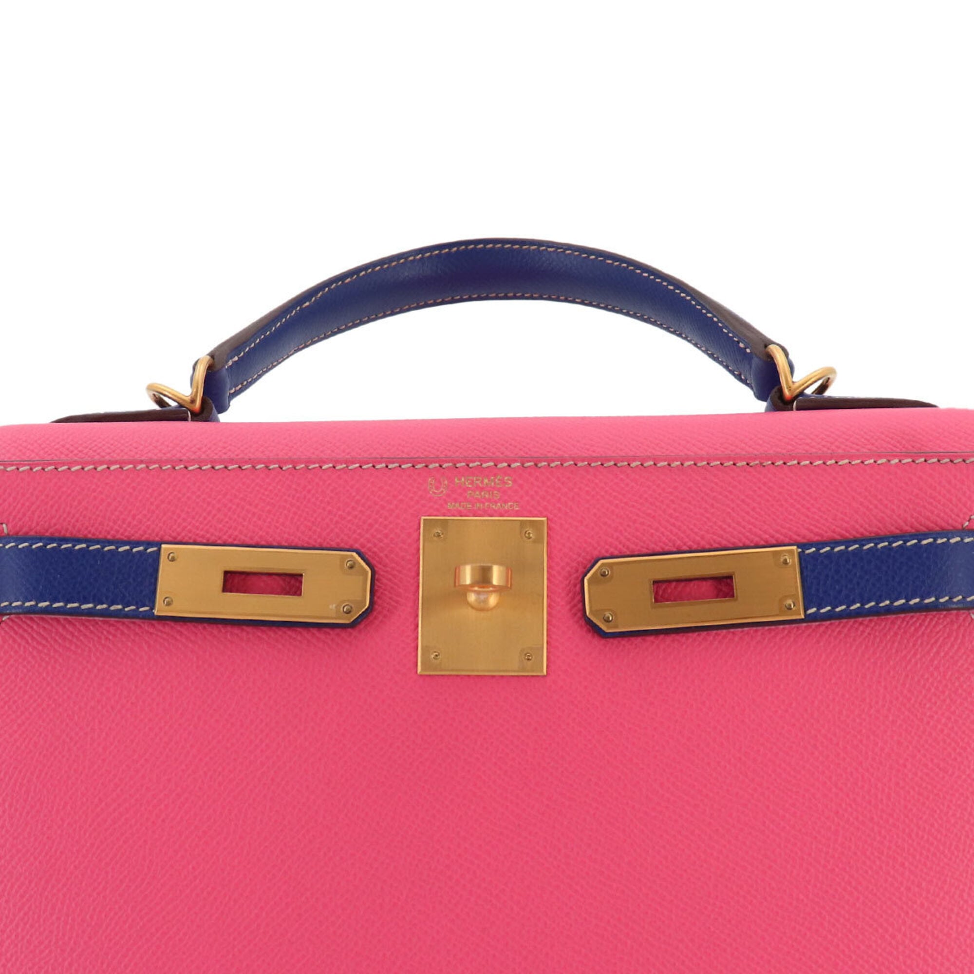 Hermes Kelly 28 Personal SPO Epsom Rose Azalee Blue Electric Hand Shoulder Handbag A Stamp External Stitching Matte Gold Hardware — Like New