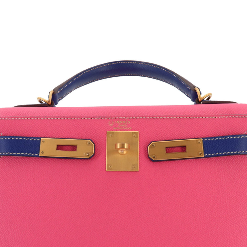 Hermes Kelly 28 Personal SPO Epsom Rose Azalee Blue Electric Hand Shoulder Handbag A Stamp External Stitching Matte Gold Hardware — Like New