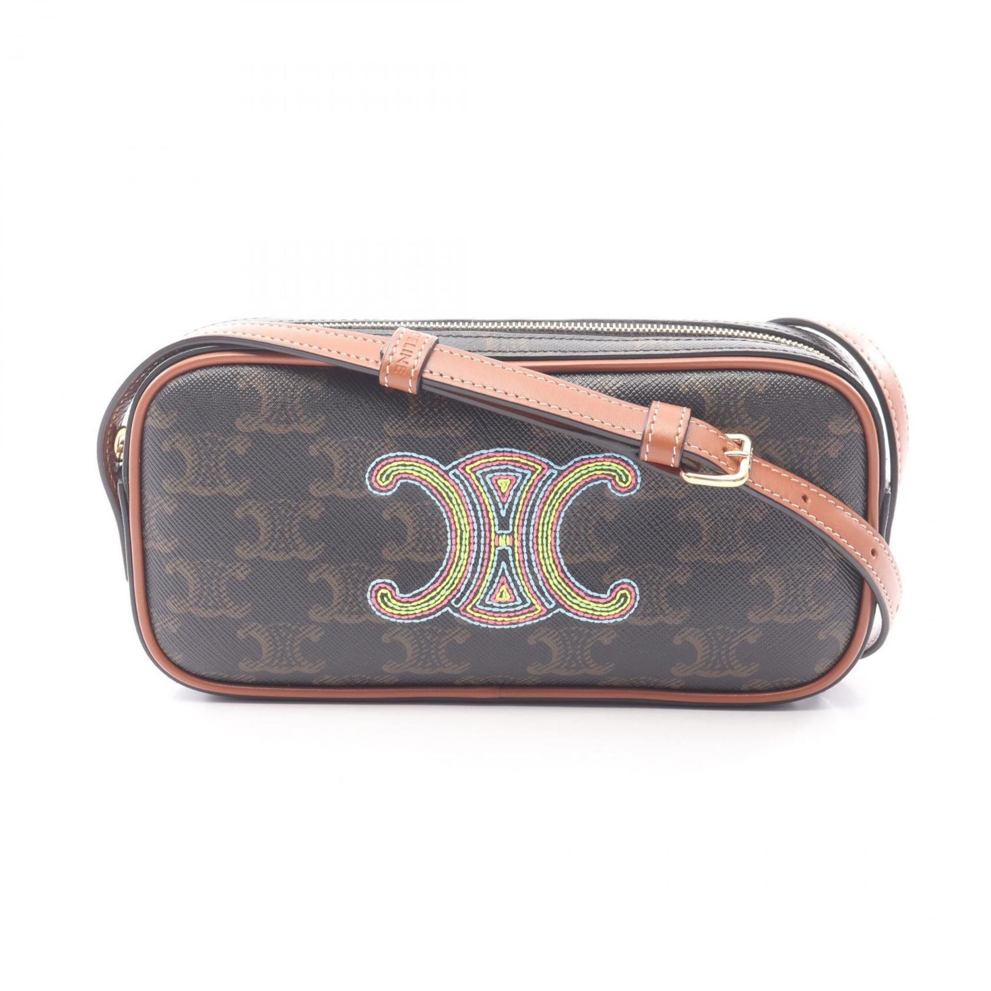 Celine Cuir Triomphe Mini Camera Bag Shoulder Bag, Coated Canvas and Leather, Women's, Black, Brown, Multicolor