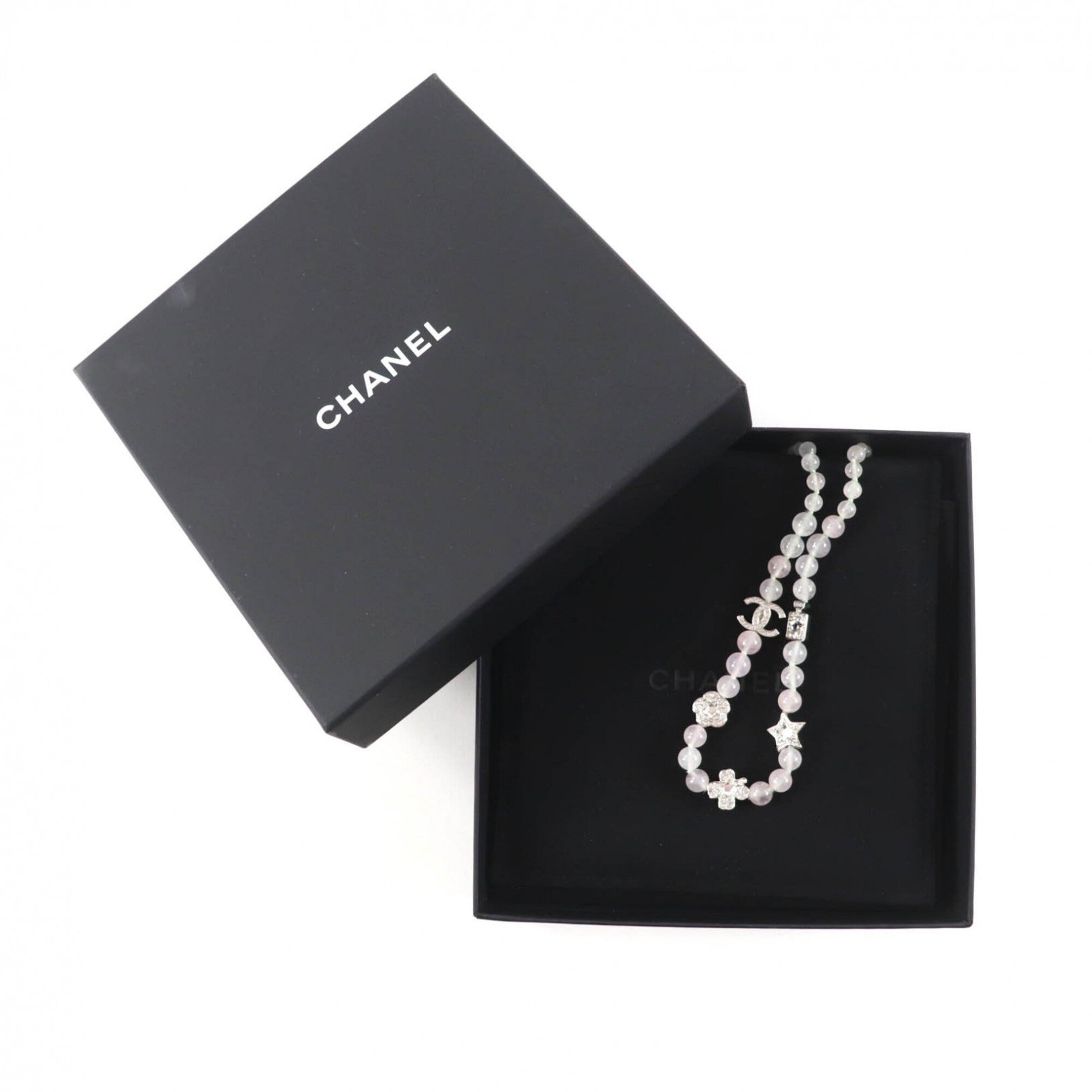 CHANEL B25P Coco Mark Natural Stone Rhinestone Necklace, White and Pink, Silver Hardware, 2025 Model, with Box Dust Bag, Made in Italy, Women's — Like New