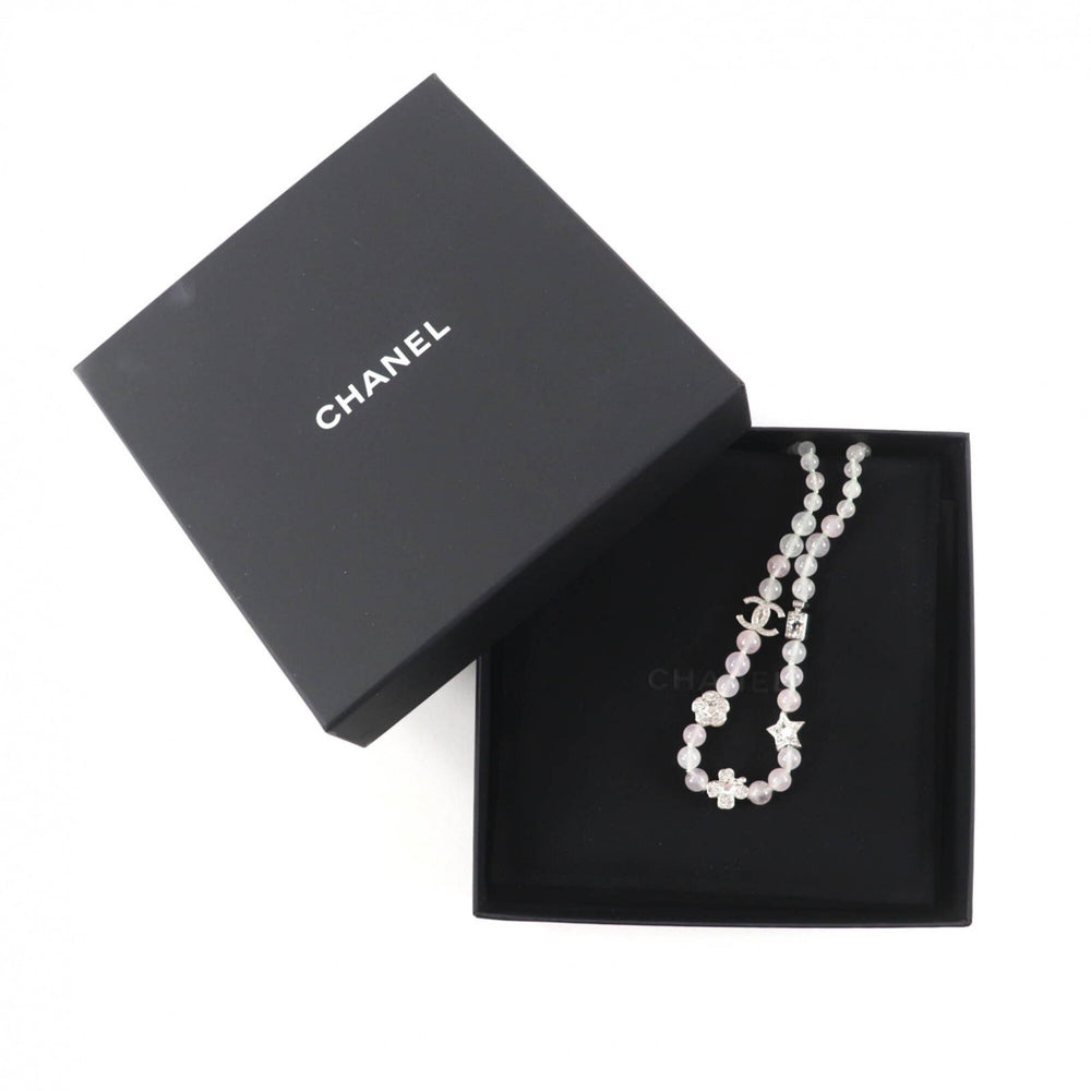 CHANEL B25P Coco Mark Natural Stone Rhinestone Necklace, White and Pink, Silver Hardware, 2025 Model, with Box Dust Bag, Made in Italy, Women's — Like New