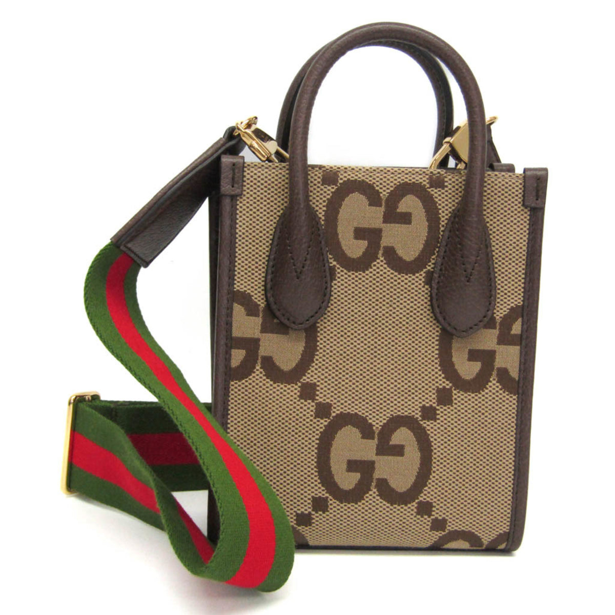 Gucci Jumbo GG Mini 699406 Women's Canvas,Leather Handbag,Shoulder Bag Beige,Dark Brown — Like New