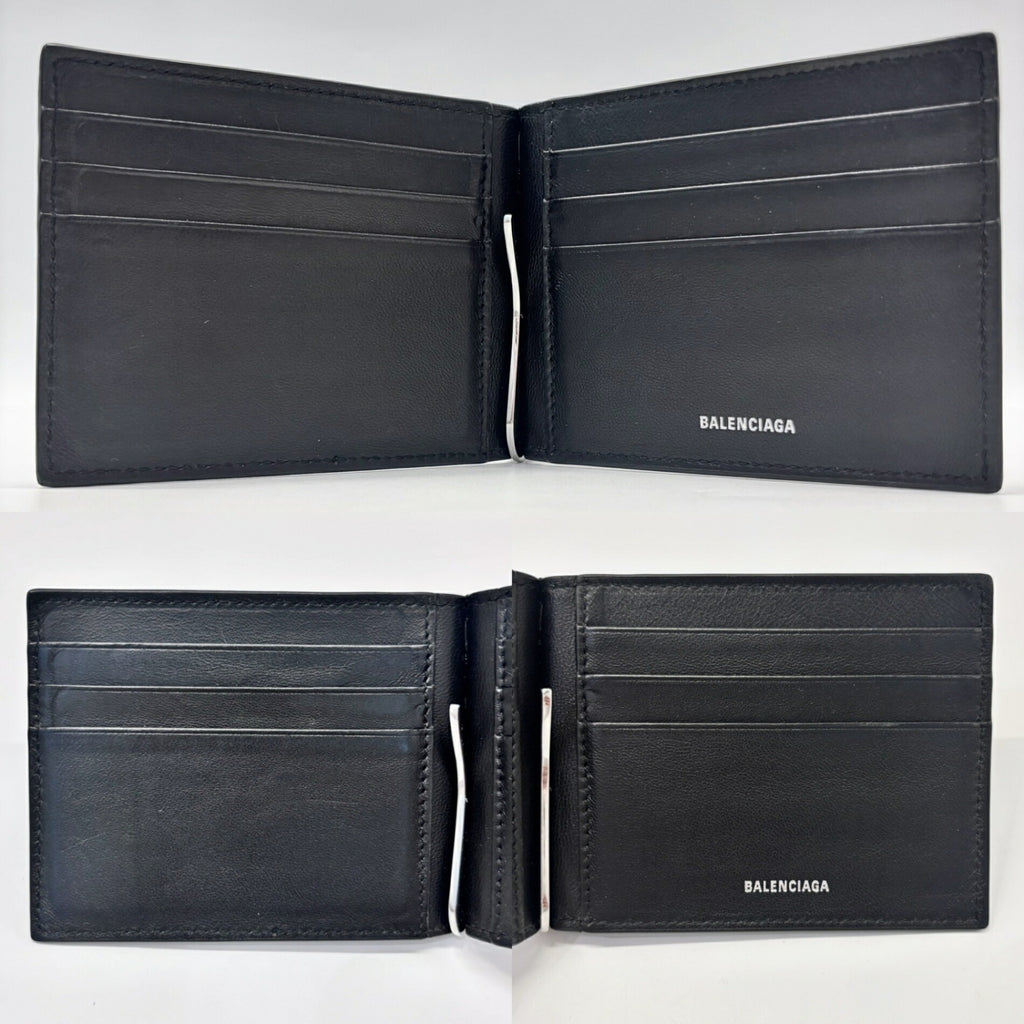 Balenciaga Monaco BB Money Clip Men's Black Lambskin Leather Bifold Wallet, 2024SS, 792665