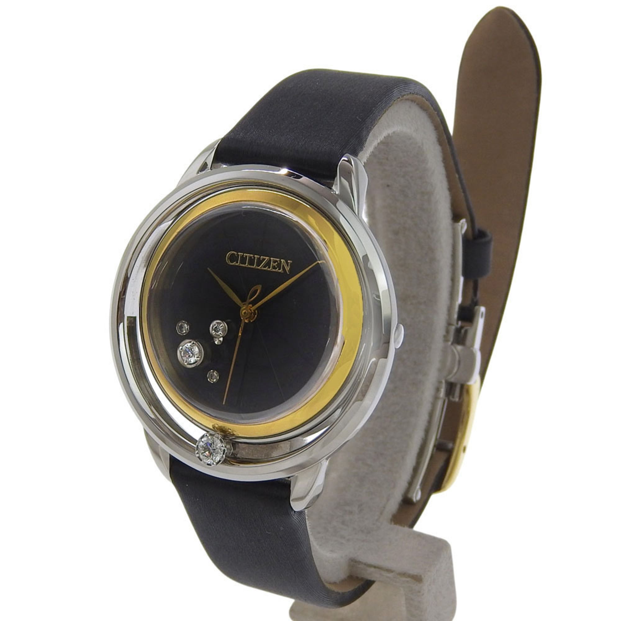 Citizen B036 S112052 Women's Watch, Black Dial, 3 Hands, 5 Diamonds, Stainless Steel, Leather Strap, Eco-Drive, Approx. 32mm — Very Good