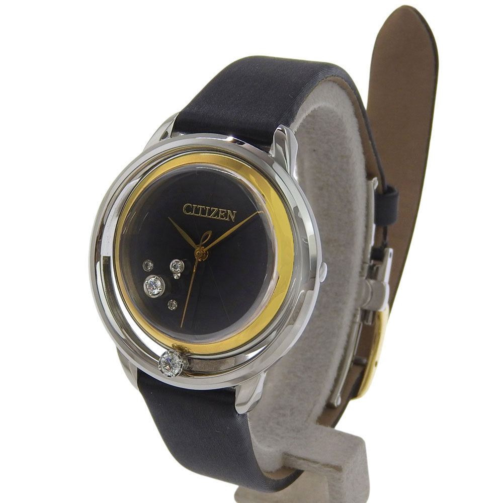 Citizen B036 S112052 Women's Watch, Black Dial, 3 Hands, 5 Diamonds, Stainless Steel, Leather Strap, Eco-Drive, Approx. 32mm — Very Good