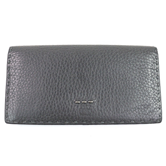 FENDI SELLERIA CUOIO ROMANO Long Wallet in Gray with Hand-Stitched Grained Calfskin, Made Italy, Men's, 7M0186