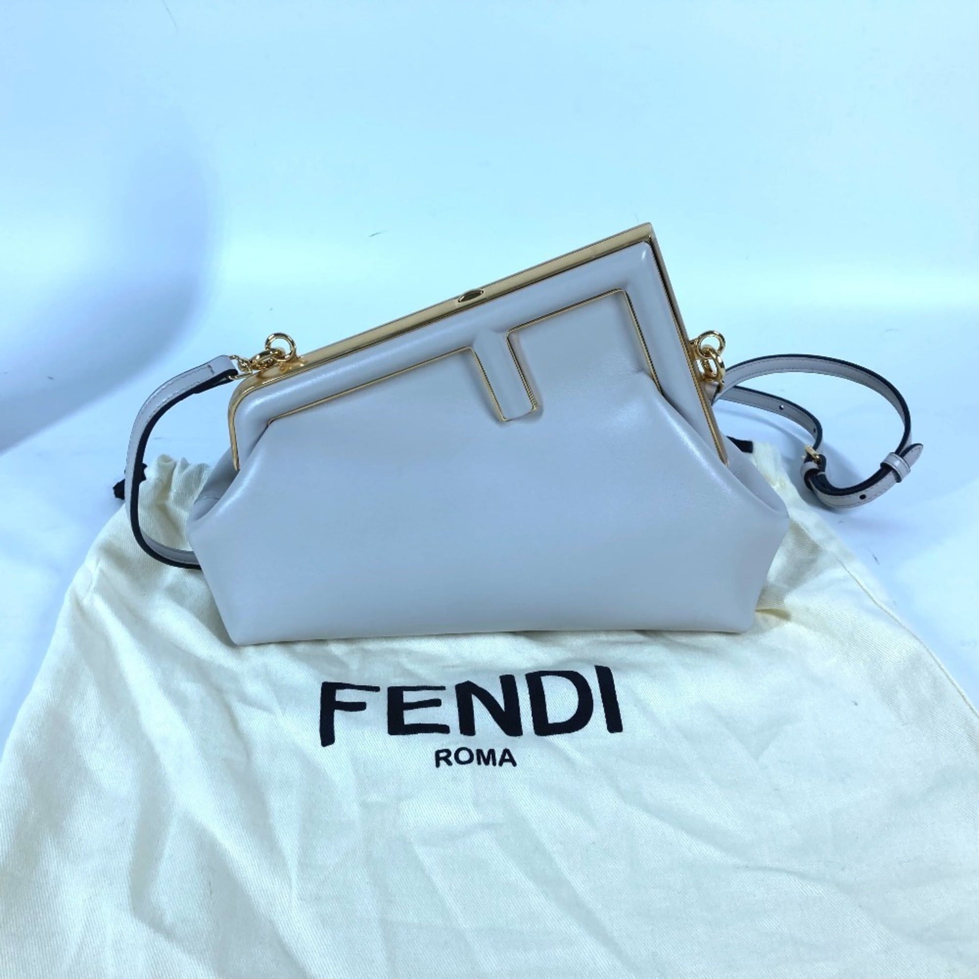 FENDI 8BP129 Pochette First Small Shoulder Bag Clutch Leather Women's White Grey E-240710-9 — Like New