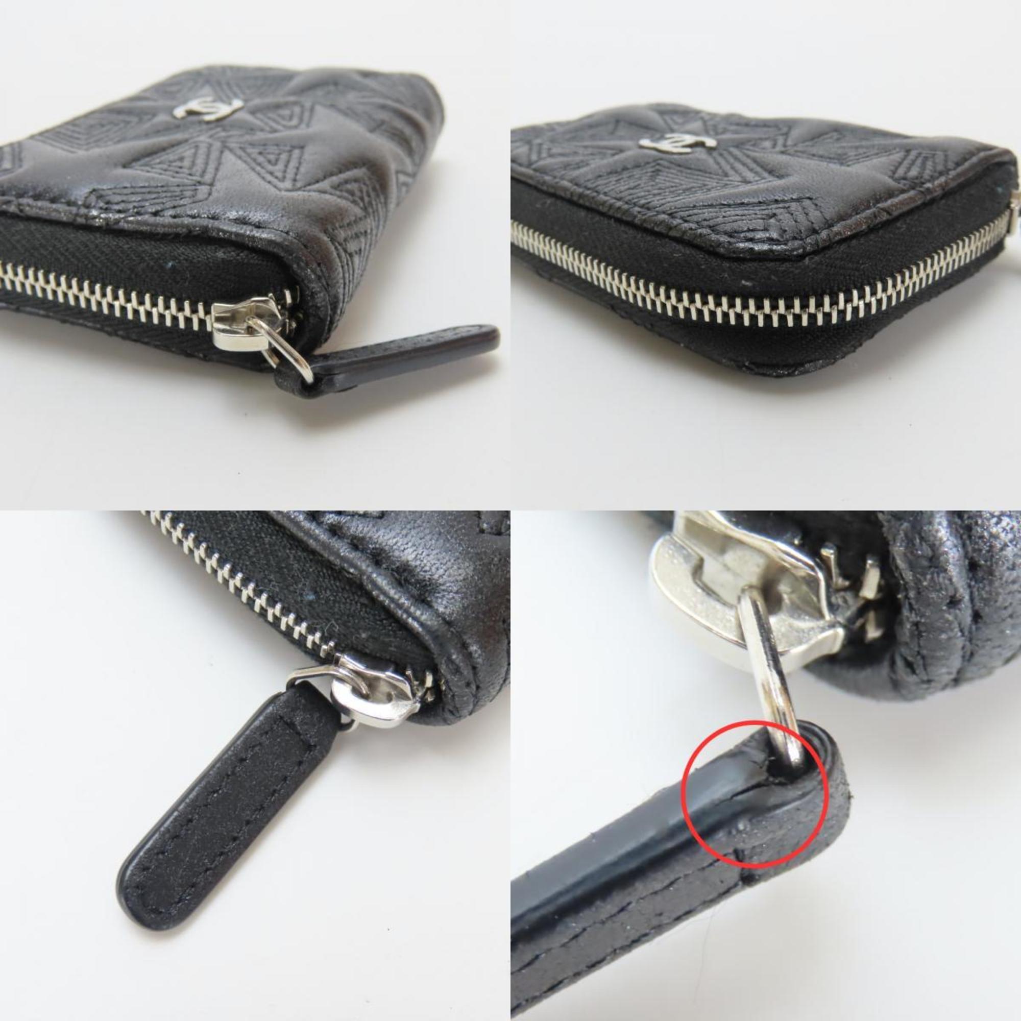 CHANEL Wallet/Coin Case, Star Embossed Coco Mark, Metallic Lambskin, Black, Round Zip, Women's