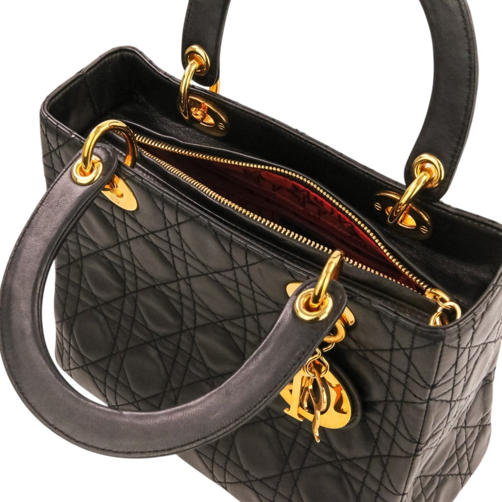 Christian Dior Lady Cannage Leather 2-way Handbag/Shoulder Bag, Black, Women's — Like New