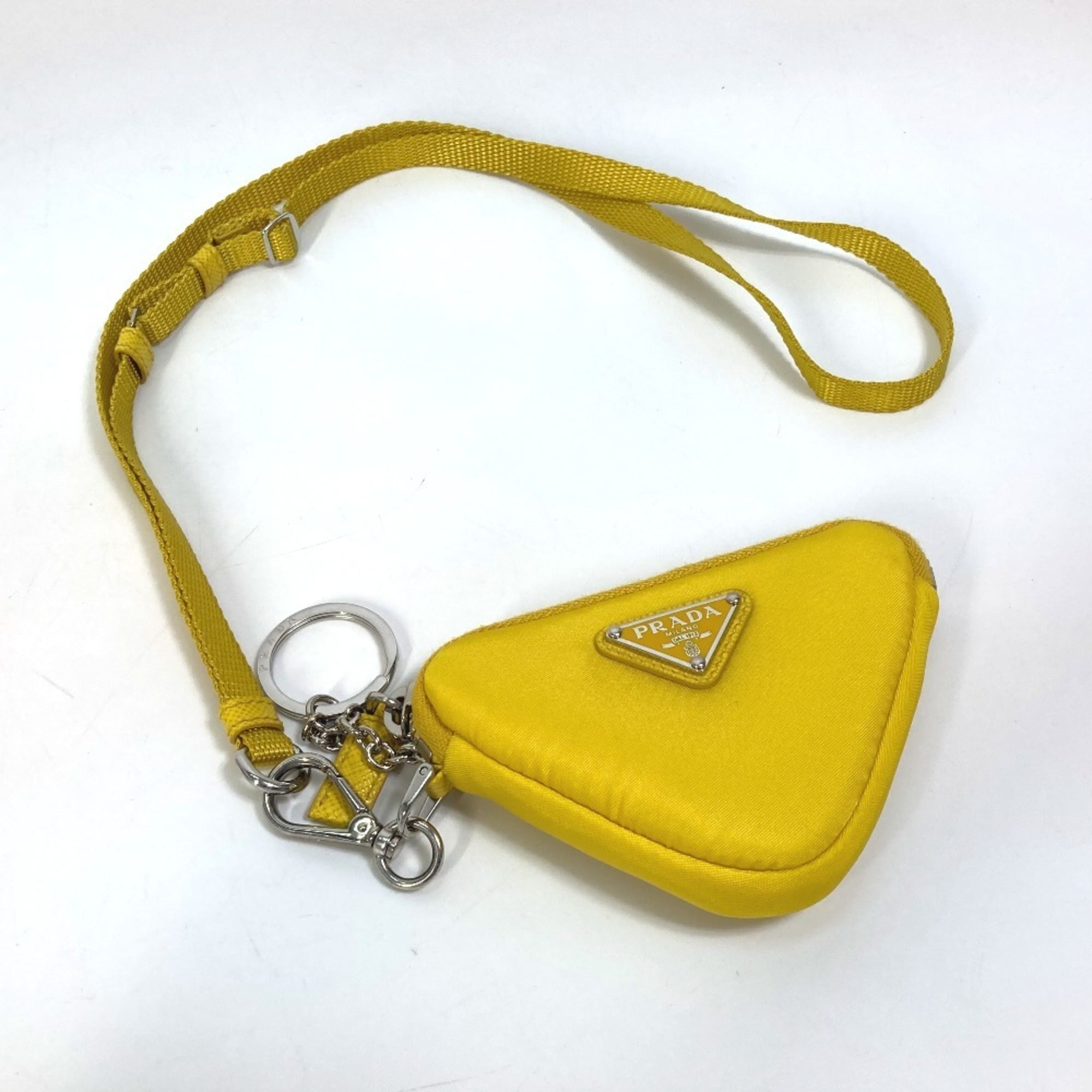 PRADA 2TT140 Triangle Plate Re Nylon with Neck Strap Key Ring Pouch Men's Yellow — New - Store Return