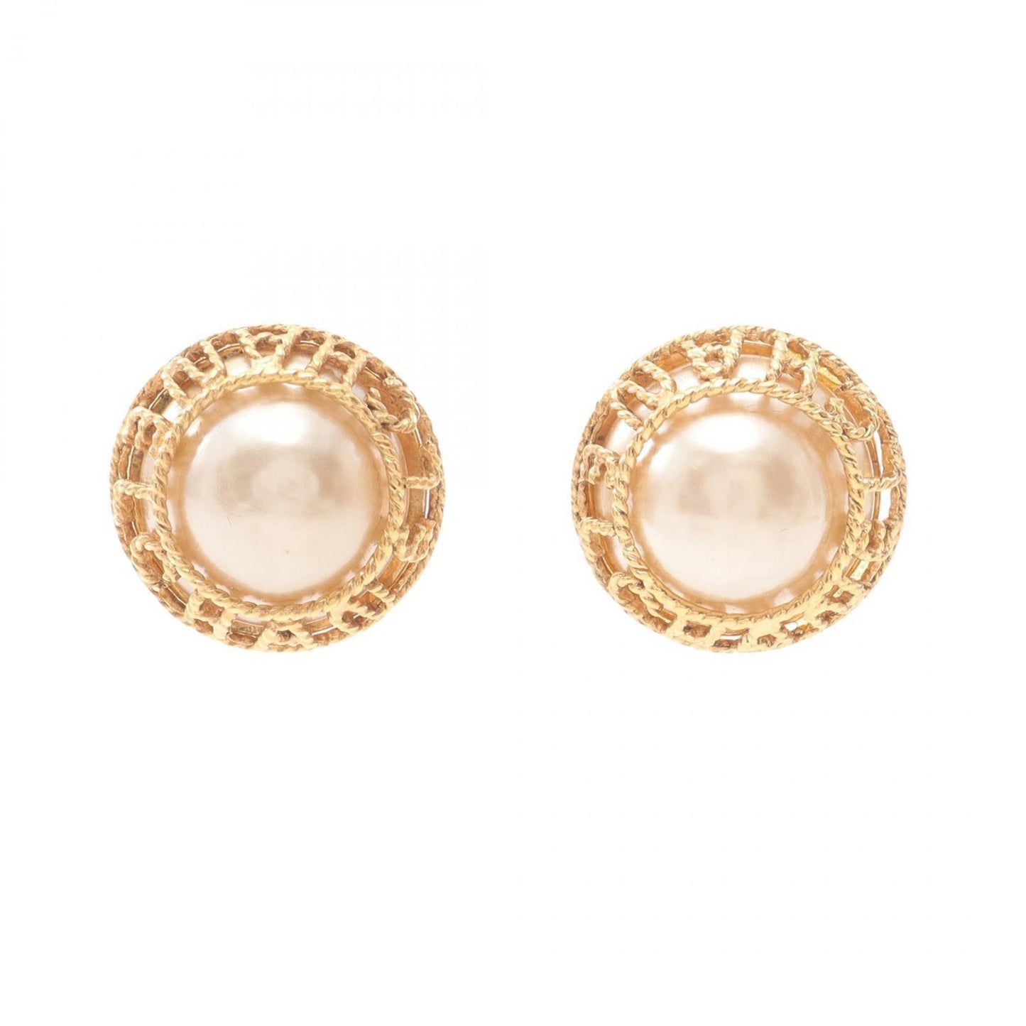 CHANEL logo earrings with gold-plated faux pearls for women in gold and white.