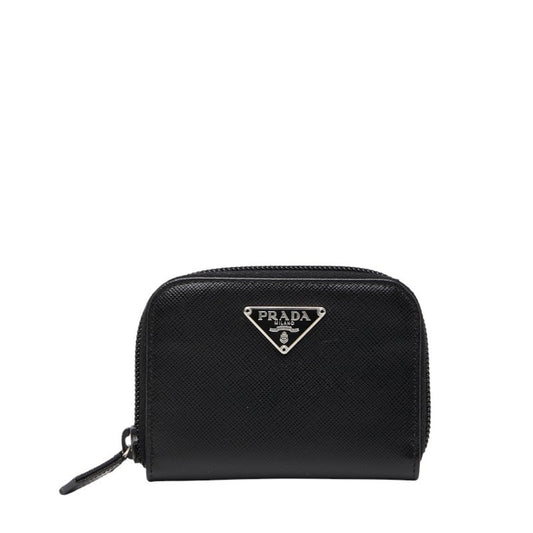 Prada Triangle Logo Plate Wallet/Coin Case Black Saffiano Leather Women's PRADA