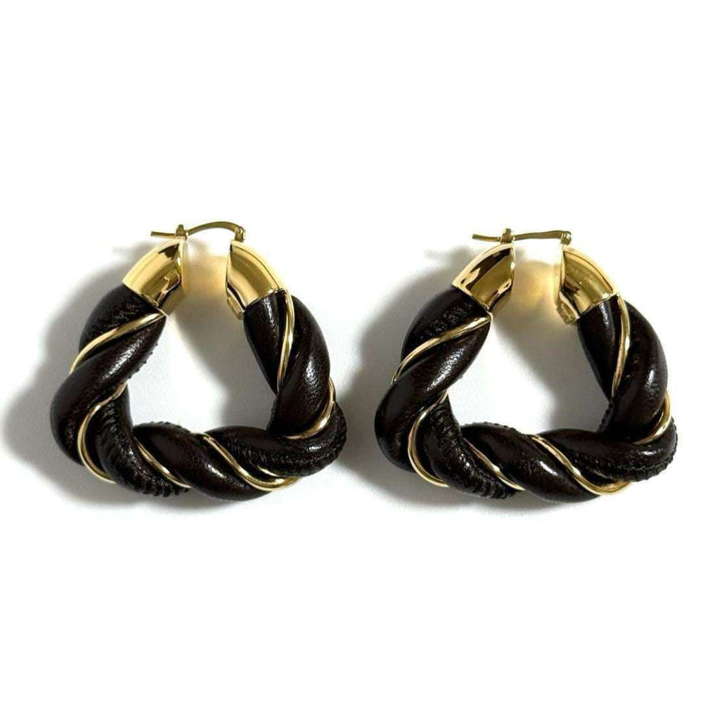 BOTTEGA VENETA Women's Hoop Triangle Twist Earrings in 925 Silver and Leather — Like New