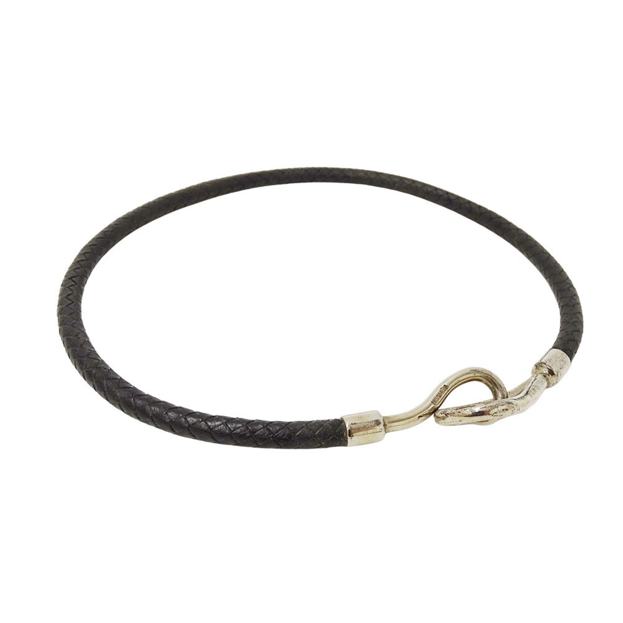 Hermes Hermès Jumbo Leather Choker for Women, Black with Silver Hardware, 2-Way Accessory, Stylish Bracelet Hook