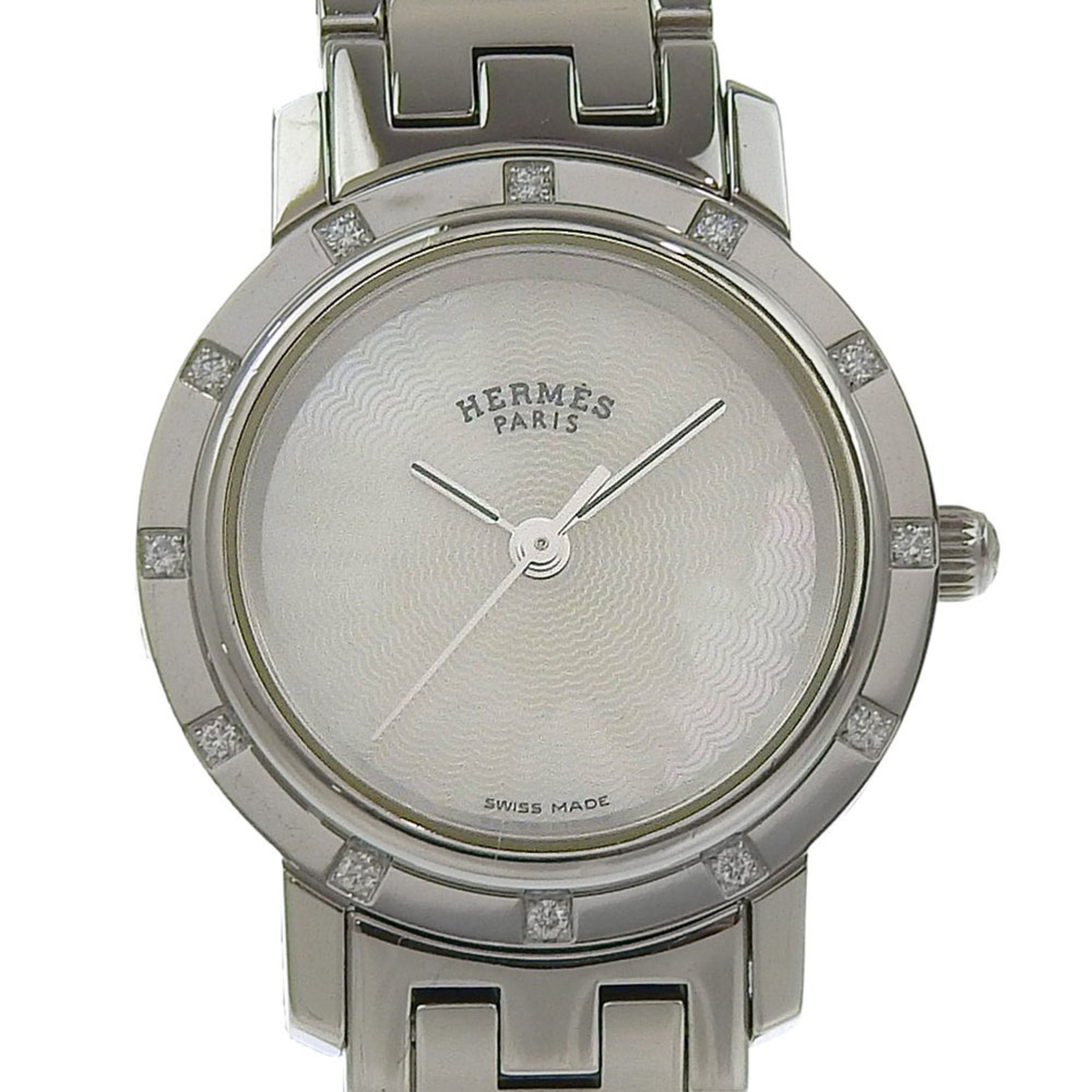 Hermès Clipper Nacre Women's Watch, 12 Diamonds, CL4.230, Stainless Steel, Quartz Movement, Analog Display, White Shell Dial — Very Good