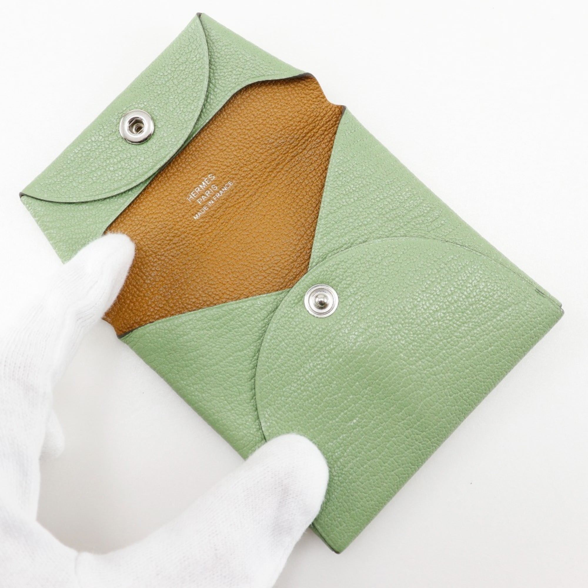 Hermes Bastia Coin Case Chevre Made in France 2023 Green B Snap Button Women's