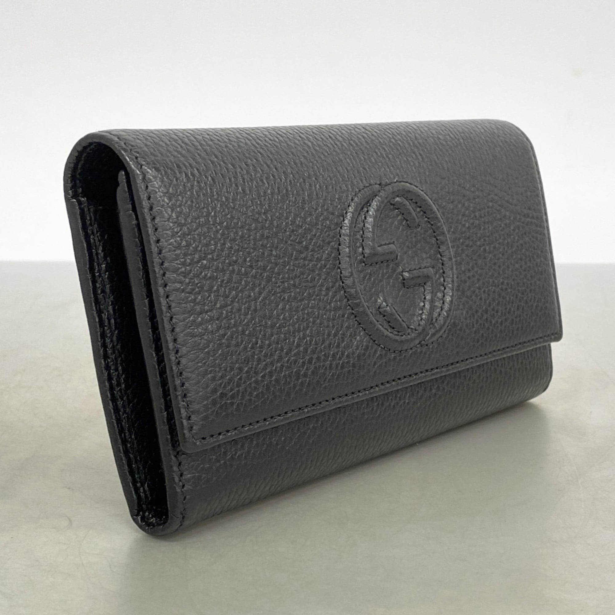 Gucci Interlocking G Long Wallet 598206 Leather Black Champagne Women's