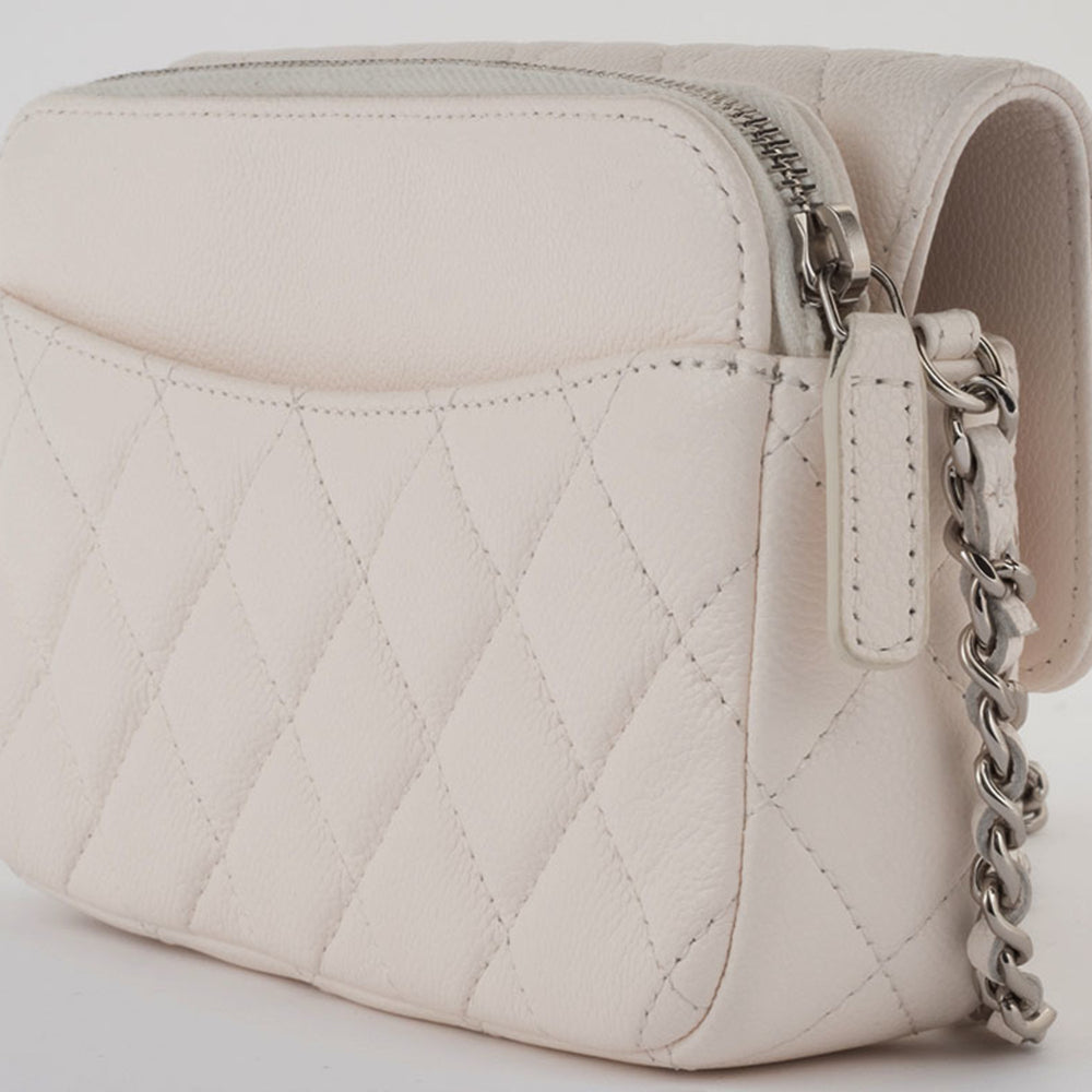 Chanel Matelasse Flap Phone Case Shoulder Bag White Women's Caviar Skin CHANEL — Like New
