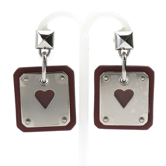 HERMES Earrings As de Coeur Metal Leather Silver Brown Women's e60269g