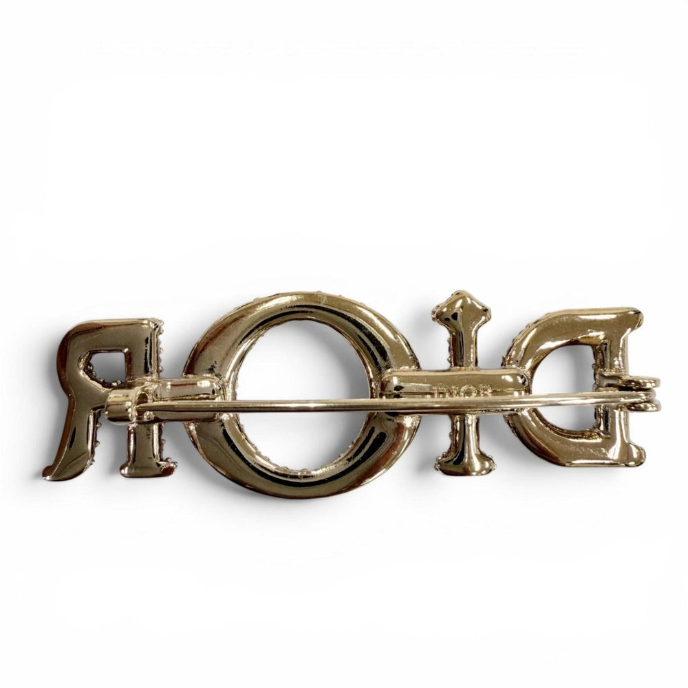 Christian Dior DIOR logo rhinestone brooch, pink with gold hardware, women's accessory, comes box and dust bag — Like New