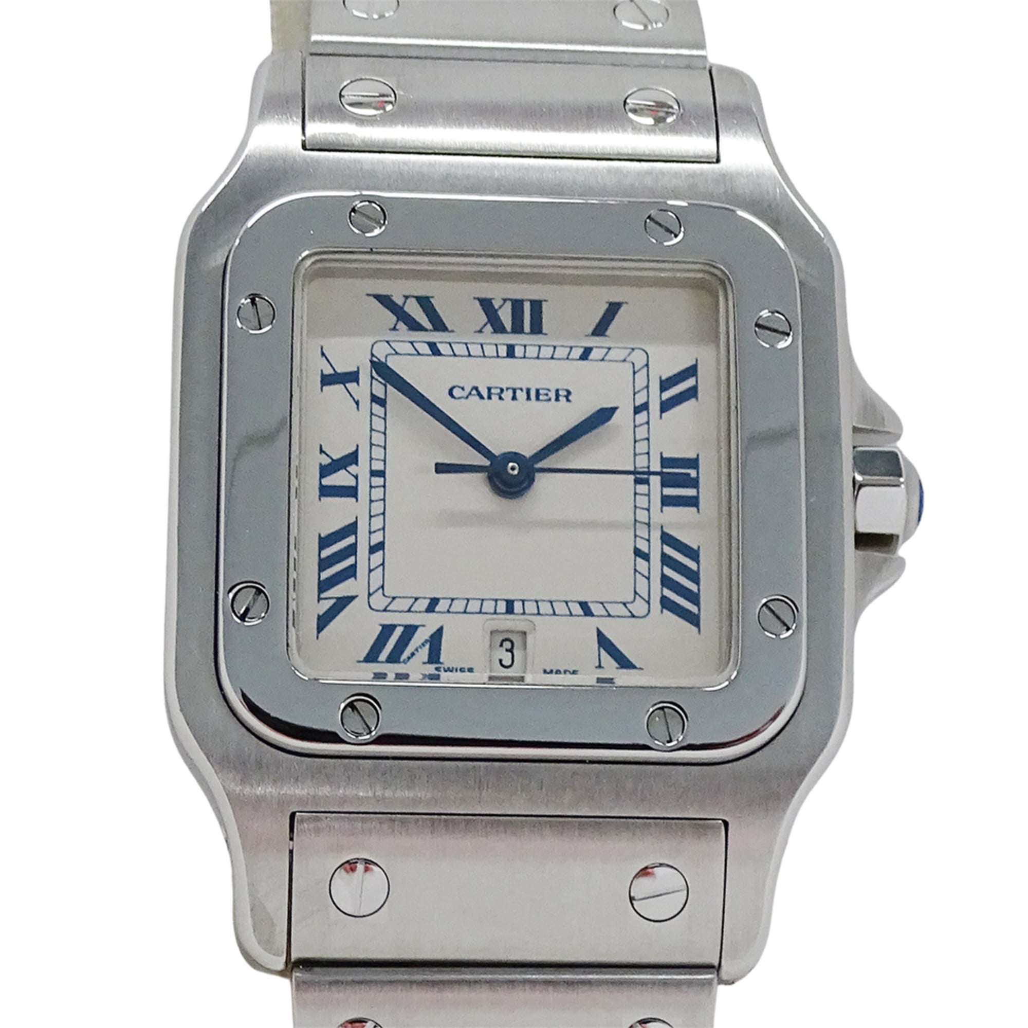 Cartier men's watch, Santos Galbee LM, date, quartz movement, stainless steel (SS), W20018D6, silver/ivory, polished — Good