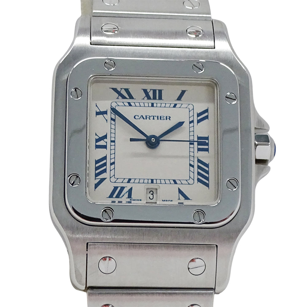 Cartier men's watch, Santos Galbee LM, date, quartz movement, stainless steel (SS), W20018D6, silver/ivory, polished — Good