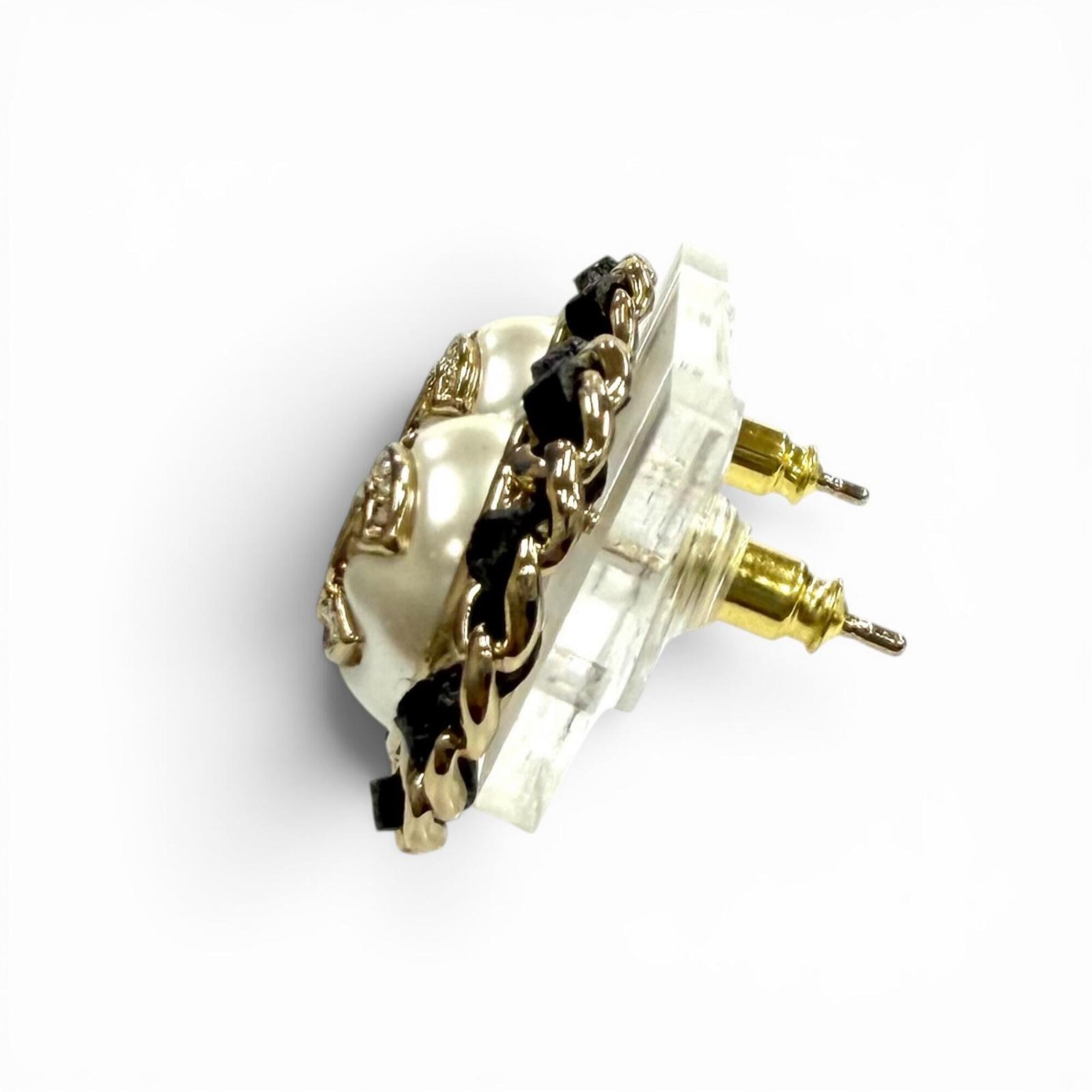 CHANEL B25 Coco Mark Crystal Leather Trim Pearl Earrings, White, Black, Gold Hardware, Made in France, Women's, with Box and Dust Bag — Like New