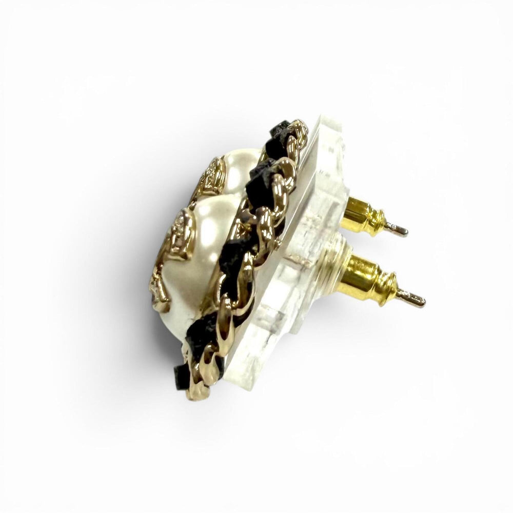 CHANEL B25 Coco Mark Crystal Leather Trim Pearl Earrings, White, Black, Gold Hardware, Made in France, Women's, with Box and Dust Bag — Like New