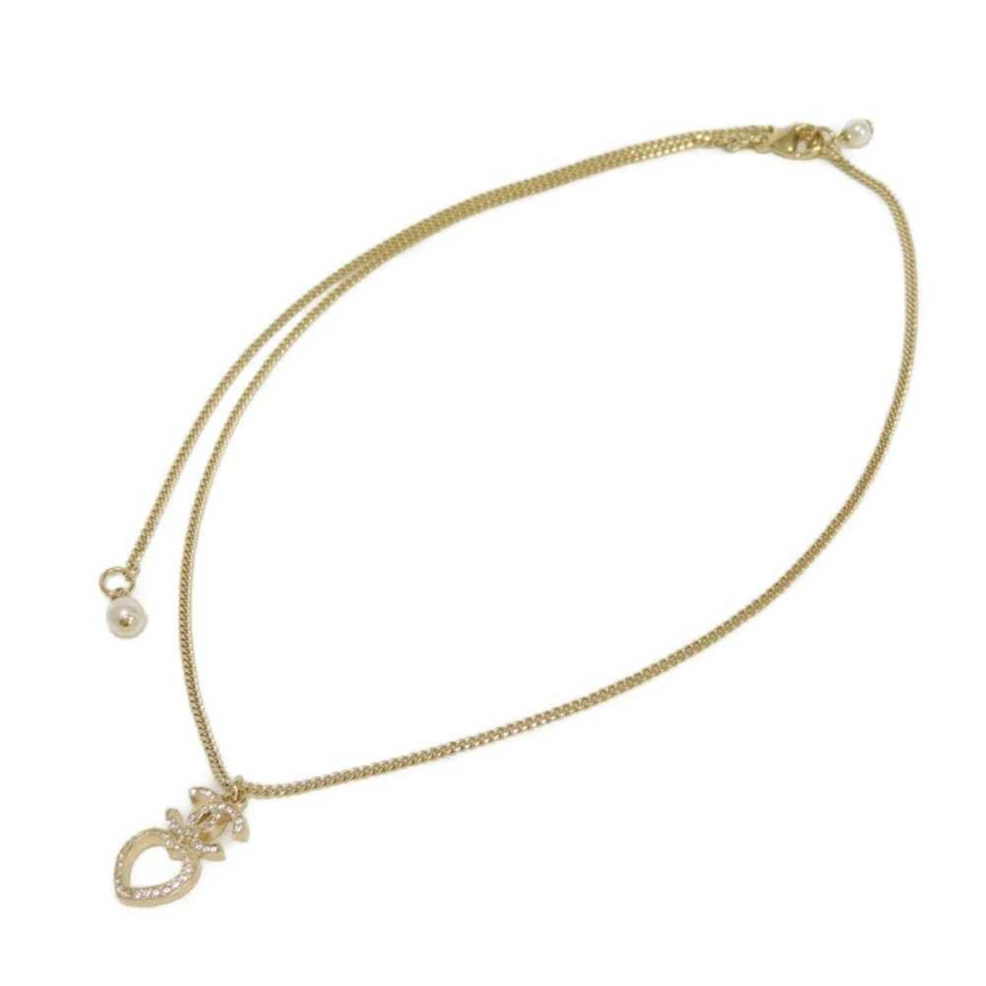 Chanel necklace, Coco Mark, heart, crystal, costume pearl, rhinestone, metal, F23B, CC mark, clear, ABB651, women's — Like New