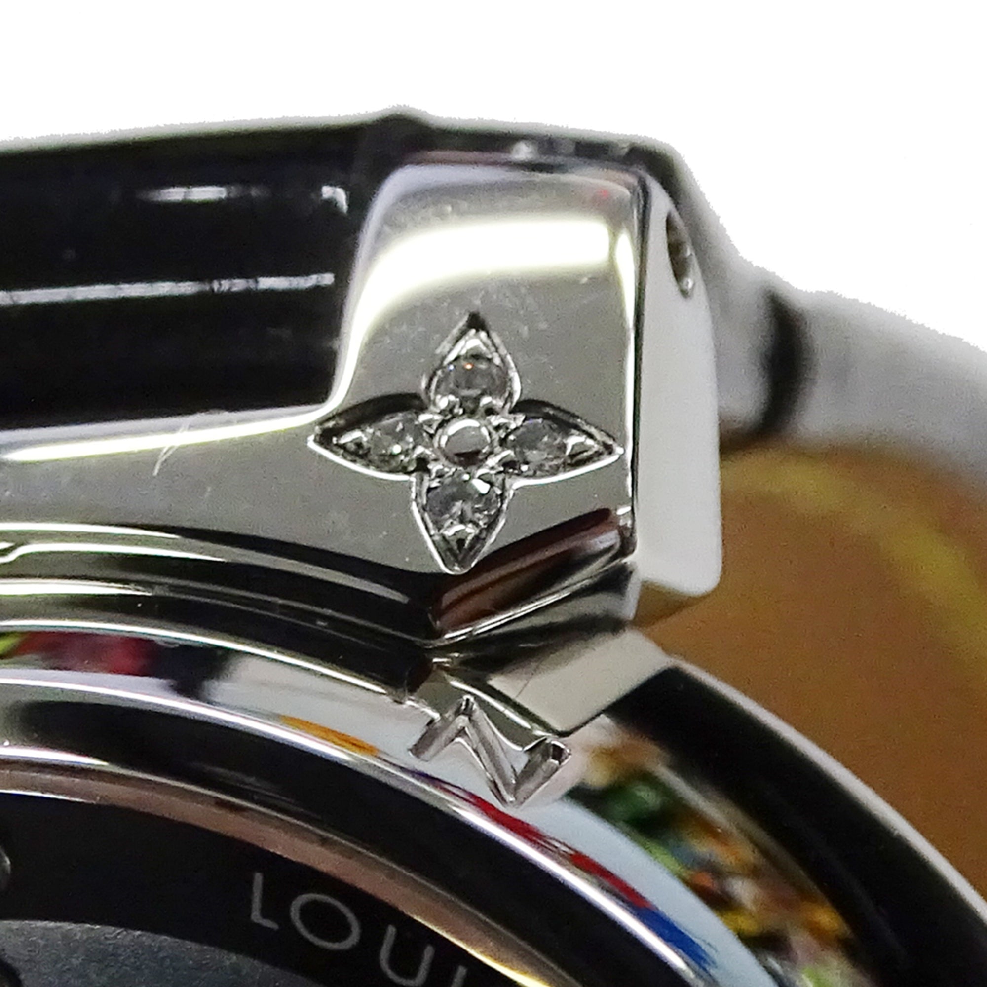 Louis Vuitton LOUIS VUITTON Women's Watch Tambour Forever Diamond Quartz QZ Stainless Steel SS Leather Q12M5 Silver Black — Good