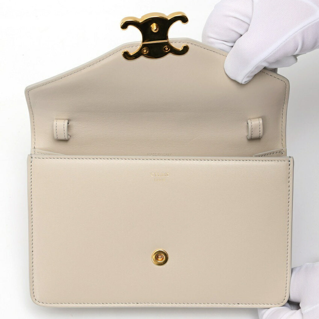 CELINE Chain Wallet Margot Shoulder 10L03 Shiny Calfskin Greige S-157624