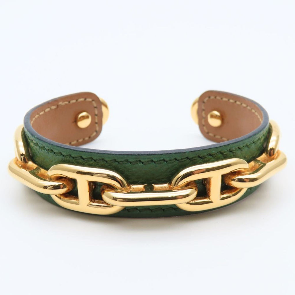 Hermes Chaine d'Ancre Bangle, Leather and Metal, Green Gold Plated, GP, Women's, HERMES
