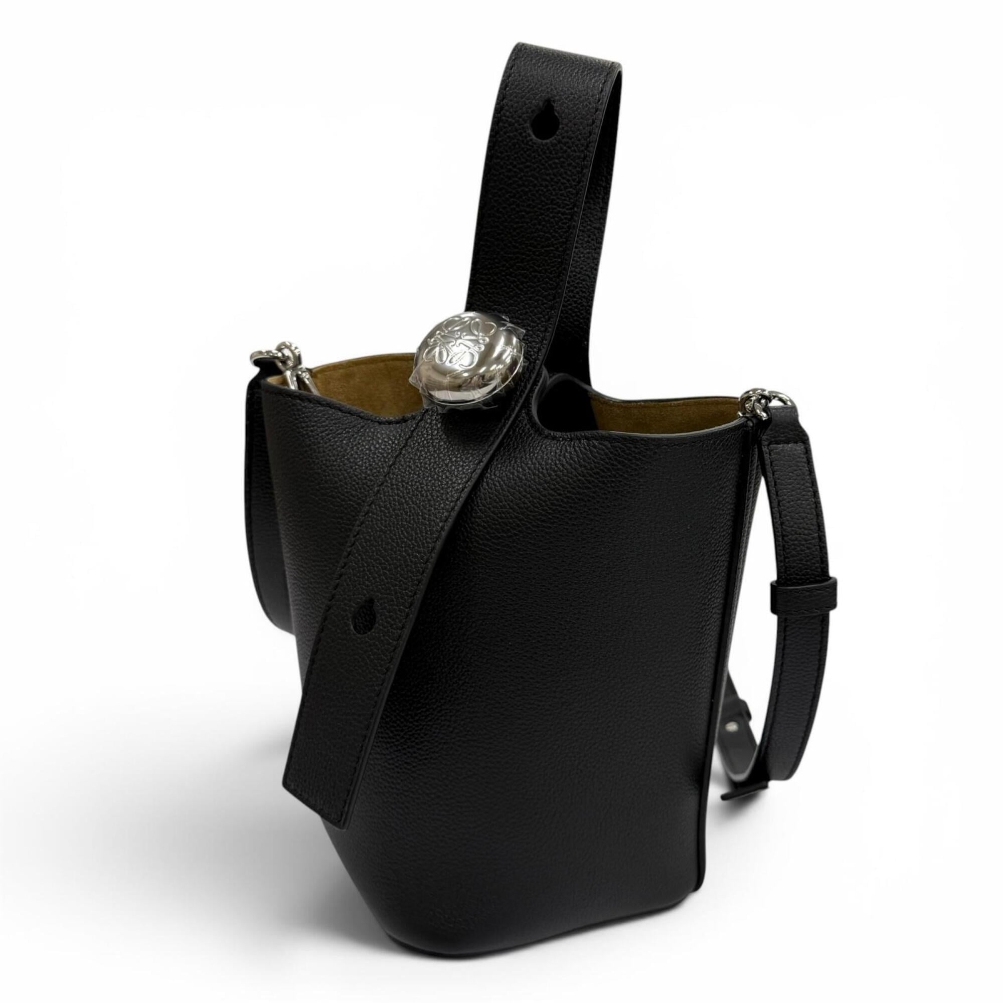 LOEWE AANBBBMX31 Pebble Bucket Bag Mini Soft Grain Calf Anagram Leather 2-Way Shoulder Black Silver Hardware Made in Spain Women's Comes with Dust — Like New