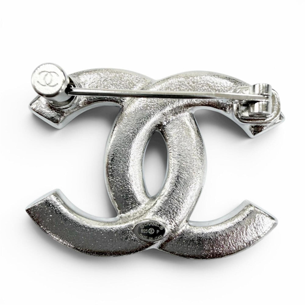 CHANEL B25P Coco Mark Star, Heart, Faux Pearl, Rhinestone Brooch, Silver, Made in Italy, Women's, with Box and Dust Bag — Like New